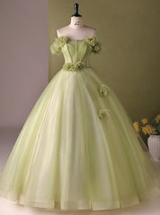 Green Tulle Off the Shoulder Pleats Flower Quinceanera Dresses