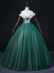 Green Tulle Off the Shoulder Sequins Pearls Quinceanera Dresses