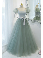 Green Tulle Puff Sleeve Prom Dresses With Belt