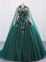 Green Tulle Sequins 3D Flower Lace Quinceanera Dresses