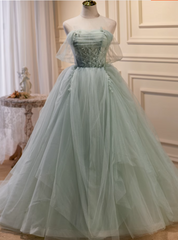 Green Tulle Sequins Appliques Beading Prom Dresses