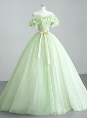 Green Tulle Sequins Off the Shoulder Flower Prom Dresses