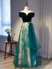 Green Tulle Sequins Velvet Off the Shoulder Prom Dress