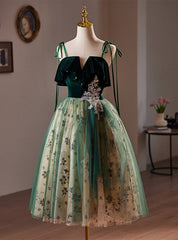 Green Tulle Sequins Velvet Straps Homecoming Dresses