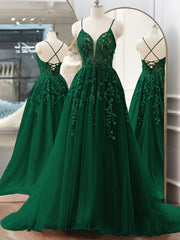 Green Tulle Spaghetti Straps Appliques Prom Dresses