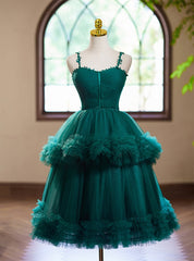 Green Tulle Spaghetti Straps Pleats Homecoming Dresses