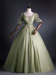 Green Tulle Square Puff Sleeve Sequins Appliques Quinceanera Dresses