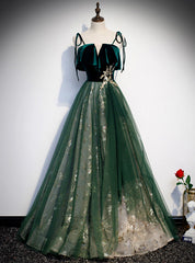 Green Tulle Velvet Spaghetti Straps Sequins Prom Dresses