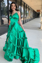 Green V-Neck Backless Ruffle A-Line Prom Gown with Slit