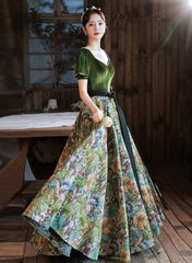 Green Velvet Floral Short Sleeves Long Prom Dresses, Green Sweetheart Party Dresses