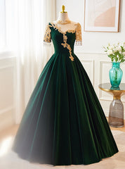 Green Velvet Short Sleeve Beading Prom Dresses