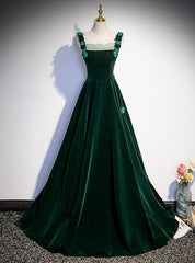 Green Velvet Straps Beading Prom Dresses