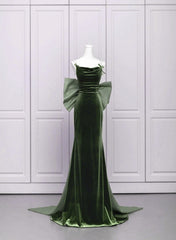 Green Velvet Straps Low Back Evening Dresses, Green Velvet Prom Dresses