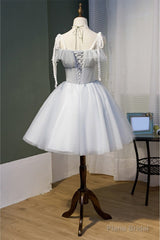 Grey Tulle Short Homecoming Dress with Appliques Sleeves