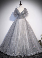 Grey V-neckline Tulle Low Back Long Prom Dress, Grey Formal Dress Party Dress