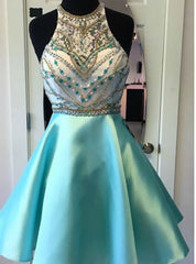 Halter High Neck Beaded Mint Satin Homecoming Dresses