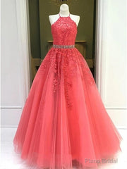 Halter Neck Coral Lace Tulle Long Prom Dresses, Halter Neck Coral Lace Formal Evening Dresses