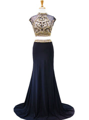 High Neck Cap Sleeve Beaded Crystals Backless Navy Blue Two Piece