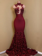 High Neck Lace Mermaid Flowers Burgundy Party Prom Dresses