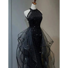 High Neckline Black Halter Shiny Tulle And Sequins Party Dresses Black Tulle Prom Dresses prom Dresses shops