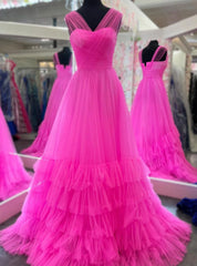 Hot Pink Illusion Tulle Pleats Prom Dresses