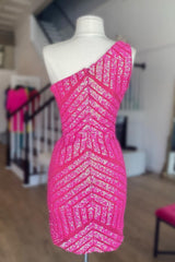 Hot Pink One Shoulder Sequins Tight Short Homecoming Dress