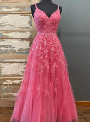 Hot Pink Tulle Beading Spaghetti Straps Prom Dresses