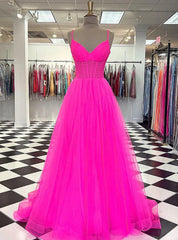 Hot Pink Tulle Spaghetti Straps Prom Dresses