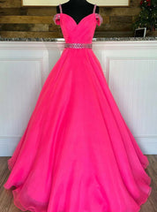 Hot Pink Tulle Straps Pleats Beading Prom Dres