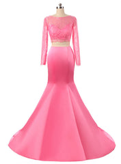 Hot Pink Two Piece Lace Bodice Prom Dresses With Long Sleeve Custom Made Formal Dresses