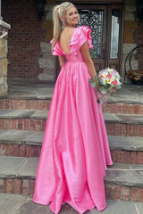 Hot Pink V-Neck Ruffle A-Line Long Prom Dress