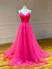 Hot Pink V-neckline Straps Cross Back Party Dresses, Tulle Long Prom Dresses