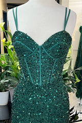 Hunter Green Sweetheart Straps Sequins Long Prom Dress