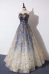 Charming Blue Floral Print Tulle Strapless Long A Line Prom Dresses, Dance Dresses