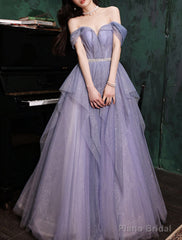 A-Line Prom Dresses Sparkle & Shine Dresses Wedding Guest Birthday Floor Length Sleeveless Off Shoulder Tulle with Sequin Dresses