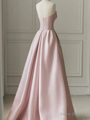 Pink Sleeveless Satin A-Line Floor-Length Prom Dress Slit with Tulle Strapless