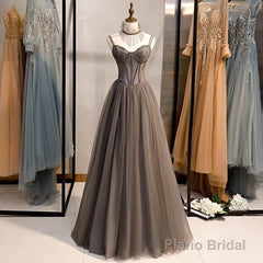 A-Line Prom Dresses Open Back Dress Formal Wedding Party Floor Length Sleeveless Spaghetti Strap Tulle with Pleats