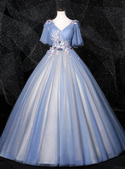 Is Now Available. Blue Ball Gown Tulle Appliques Pearls Pleats Quinceanera Dresses