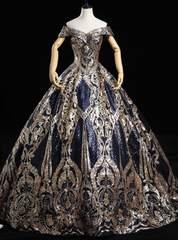 Is Now Available. Luxury Navy Blue Ball Gown Sequins Off the Shoulder Quinceanera Dresses