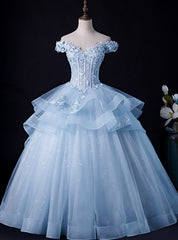 Is Now Available. Sky Blue Ball Gown Tulle Off the Shoulder Appliques Quinceanera Dresses