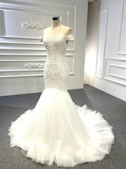 Is Now Available.White Mermaid Tulle Off the Shoulder Embroidery Beading Wedding Dresses