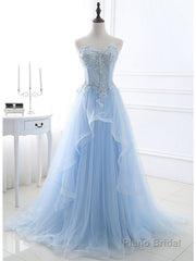 A-Line Sexy Floral Engagement Prom Birthday Dress Strapless Sleeveless Sweep / Brush Train Lace with Pleats Lace Insert