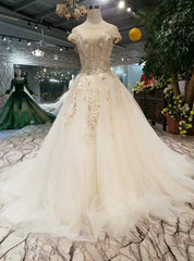 Ivory Ball Gown Tulle Bateau Cap Sleeve Backless Wedding Dresses With Beading