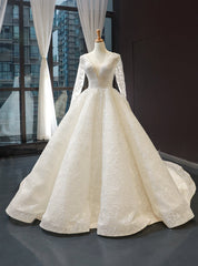 Ivory Ball Gown V-neck Long Sleeve Appliques Backless Wedding Dresses