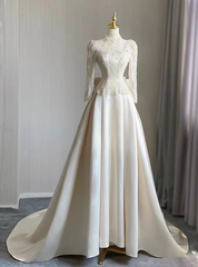 Ivory Satin Long Sleeve Wedding Dress