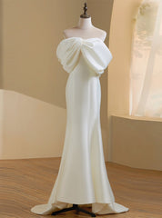 Ivory Satin Off the Shoulder Bow Wedding Dresses