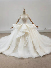 Ivory Tulle Ball Gown Off the Shoulder Appliques Sequins Wedding Dresses