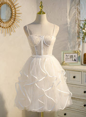 Ivory Tulle Spaghetti Straps Pearls Homecoming Dresses