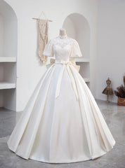 Ivory White Satin High Neck Short Sleeve Wedding Dresses