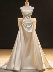 Ivory White Satin Sweetheart Bow Wedding Dresses